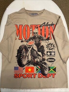 Women's Long Sleeve Graphic Tee - Beige with Orange Print